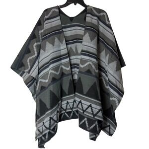 Grey Black Aztec Poncho Shawl Wrap Womens OS Cozy Nordic Geometric Oversized‎